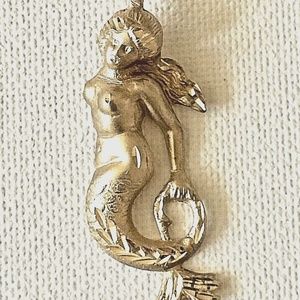 14K Solid Yellow Gold Satin Diamond Cut Mermaid Charm Pendant 2" 5g